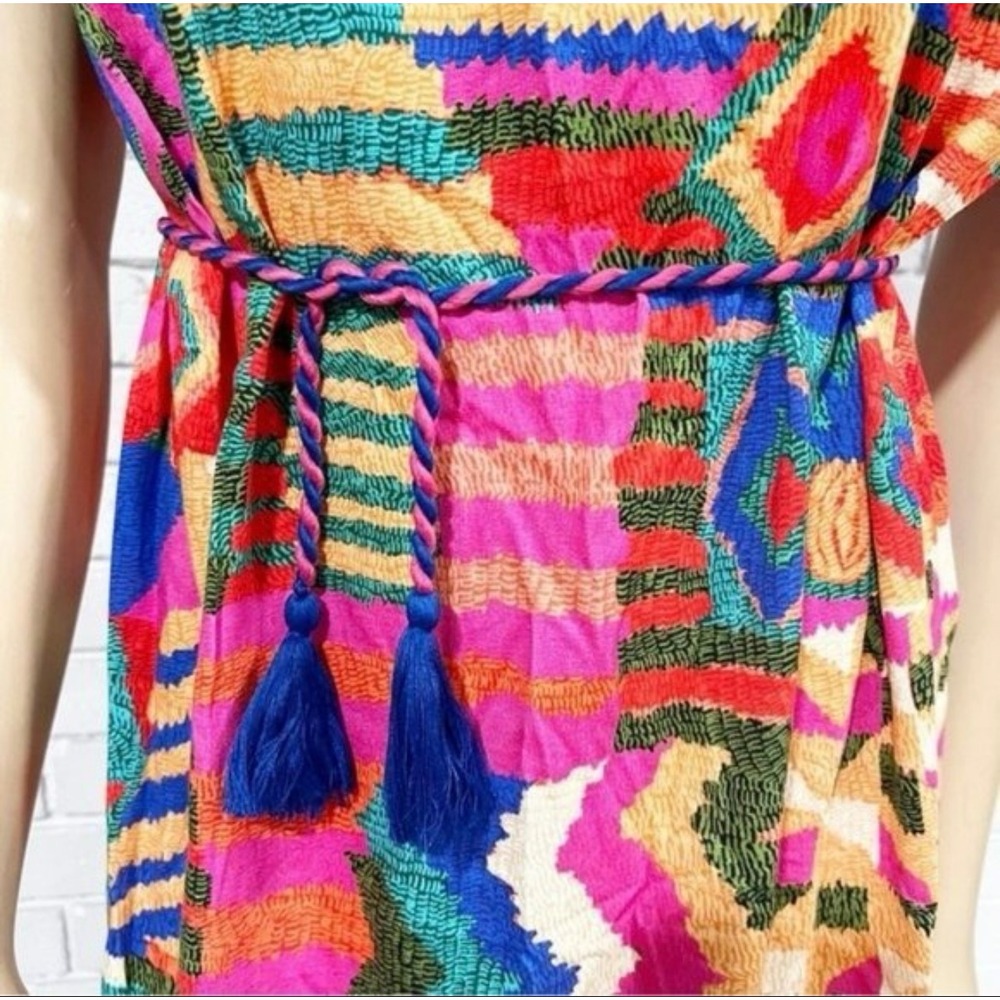 Farm Rio Patchwork Print Sleeveless Midi Dress Multi-Color Braided Tassel Belt - Picture 4 of 12